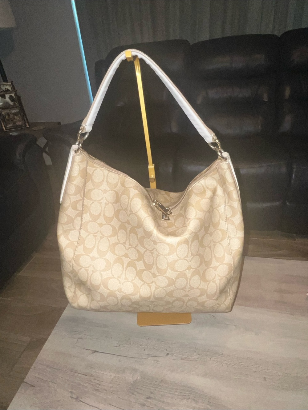 Coach Beige Signature Hobo Shoulder Bag with White Strap